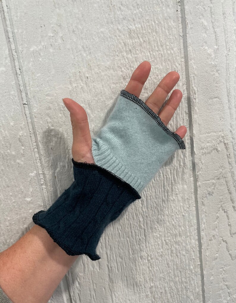 cashmere wrist warmers 100 percent cashmere Teal cable and light seafoam SHORTIES arm warmers 7.5 inch reversible