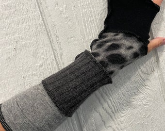 Black and gray leopard spots 100 percent CASHMERE fingerless gloves, arm warmers,cashmere sleeves, 15 inch, mitts, fairy,