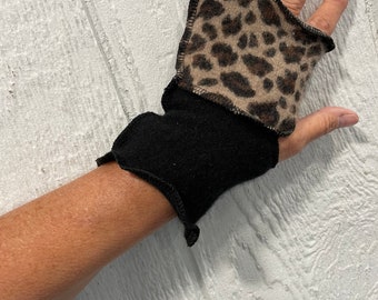Beige Leopard print and black SHORTIES,  cashmere wrist warmers, 100 percent cashmere, arm warmers, 7.5 inch, reversible