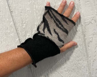 Black and tiger stripe SHORTIES,  cashmere wrist warmers, 100 percent cashmere, arm warmers, 7.5 inch, reversible