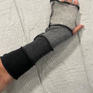 Gray and black CASHMERE fingerless gloves, cashmere arm warmers, 15 inch, boho arm warmers, patchwork, mitts, gloves, warm