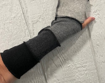 Gray and black CASHMERE fingerless gloves, cashmere arm warmers, 15 inch, boho arm warmers, patchwork, mitts, gloves, warm