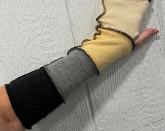 Gray and yellow CASHMERE fingerless gloves, cashmere arm warmers, 15 inch, boho arm warmers, patchwork, mitts, gloves, warm