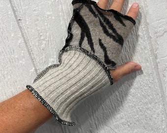 Gray and tiger stripe SHORTIES,  cashmere wrist warmers, 100 percent cashmere, arm warmers, 7.5 inch, reversible