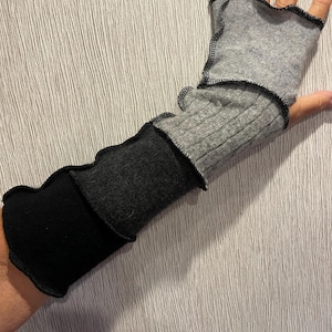 Gray and black CASHMERE fingerless gloves, cashmere arm warmers, 15 inch, boho arm warmers, patchwork, mitts, gloves, warm
