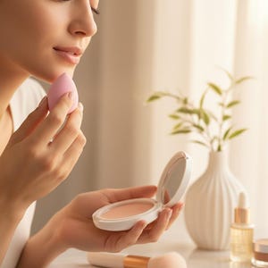Könnte beinhalten: Ein rundes, weißes Kompaktpuder-Etui mit beigem Puder und integriertem Spiegel, dazu ein hellrosa, tropfenförmiger Make-up-Schwamm und ein Make-up-Pinsel mit weißem Griff und weichen Borsten für die kosmetische Anwendung.