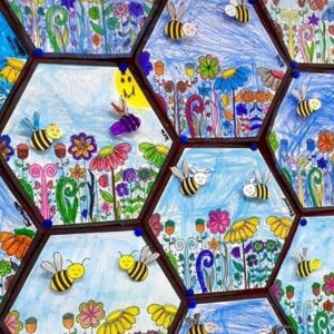 May include: A colorful artwork featuring multiple hexagonal panels, each depicting a whimsical garden scene with flowers and cartoon bees. The artwork is filled with vibrant colors and playful details, creating a cheerful and imaginative display.