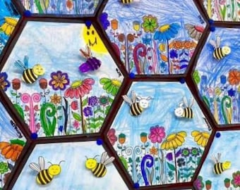 Actividad de manualidades con hexágonos para primavera / Proyecto artístico colaborativo para tablón de anuncios (PDF imprimible)