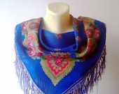 Vintage Russian Shawl Blue Cobalt Shawl Bohemian Shawl Floral Russian Shawl Russian Wool Headscarf Russian Traditional Shawl Rustic Chic