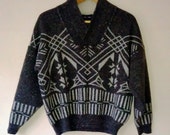 Vintage Hipster Sweater Shawl Cole Sweater Vintage Wool Sweater Sepia and White Sweater Unisex Sweater Aztec Motives Sweater 1980s Style