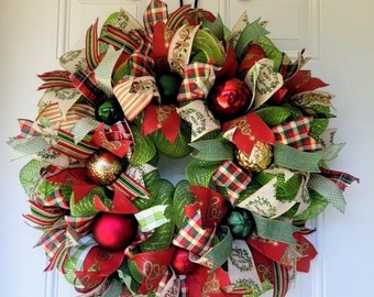 Best Seller!  Funky Christmas Wreath, Christmas Door Wreath, Holiday Wreath, Traditional Wreath, Christmas Decoration, Door Wreath