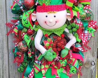 Elf Christmas wreath, adorable elf wreath, elf wreath for Christmas, holiday wreath, whimsical Christmas, traditional Christmas wreath,
