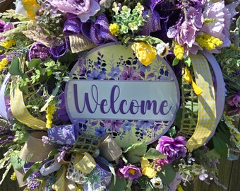 Spring wreath for your front door, Wreath for your backdoor or for a gift or for your business or foyer, Purple floral wreath for spring