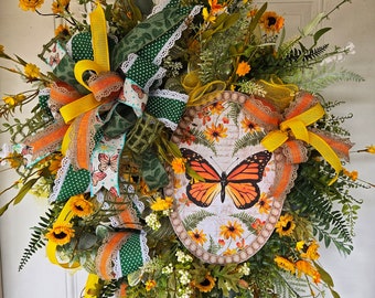 Floral Everyday Wreath for Your Front Door or Home or Your Business or Gift or Business or Backdoor Accent Decoration with Butterfly