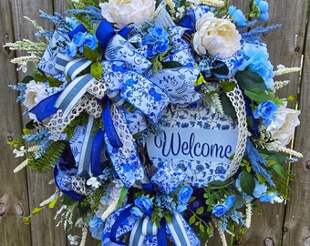 Floral Everyday Wreath for Your Front Door or Home or Your Business or Gift or Business or Backdoor Accent Decoration, Blue floral Wreath