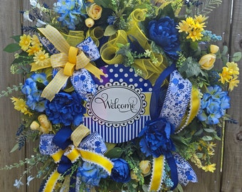 Floral Everyday Wreath for Your Front Door or Home or Your Business or Gift or Business or Backdoor Accent Decoration with blue and yellow