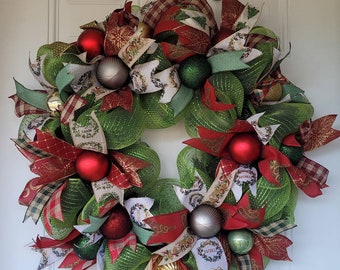 Best Seller!  Funky Christmas Wreath, Christmas Door Wreath, Holiday Wreath, Traditional Wreath, Christmas Decoration, Door Wreath