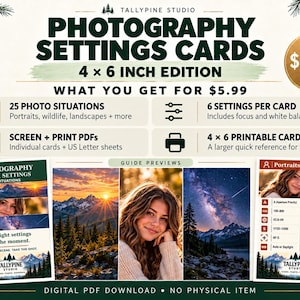 Peut inclure: Cartes de réglages photo en édition 10,16 par 15,24 cm. Le téléchargement numérique comprend 25 situations photo, 6 réglages par carte, et des PDF pour écran ou impression. Les cartes présentent des guides pour portraits, faune et paysages avec la marque Tallypine Studio.