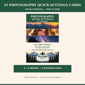 Photography Settings Cards 4x6 Printable | 25 Camera Cheat Sheets | Beginner Photography Digital Download