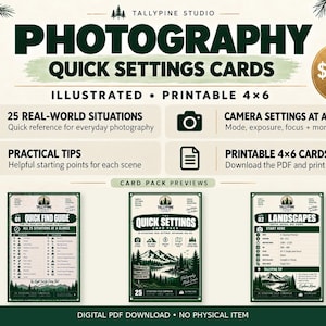 25 fiches de réglages rapides pour la photographie | Guide pratique pour débutants (Téléchargement numérique)