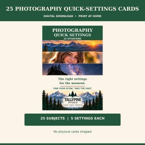 Photography Quick Settings Cards | 25 Printable Camera Cheat Sheets | Pocket Size | Digital Download