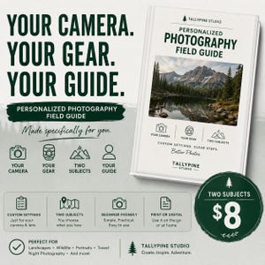 Pode incluir: Um livro branco intitulado Personalized Photography Field Guide da Tallypine Studio. A capa apresenta uma paisagem de lago de montanha. O texto inclui Your Camera. Your Gear. Your Guide. Ícones representam câmara, equipamento e assuntos.