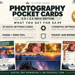 Fiches de réglages rapides pour la photographie | 25 aide-mémoires imprimables pour appareil photo | Format de poche | Téléchargement numérique