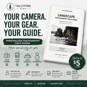 Puede incluir: Una guía de campo de fotografía de paisajes digital de Tallypine Studio. El documento presenta el texto Your Camera. Your Gear. Your Guide. e incluye una portada con una foto costera, detalles del equipo de cámara y un resumen del proceso.