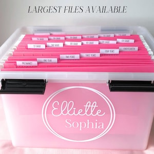 May include: A clear plastic storage bin containing bright pink hanging file folders with white labels. The labels include text such as Pregnancy, One Year, Kindergarten, and various grades. The front of the bin features a white circular decal with the name Elliette Sophia.