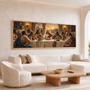May include: A rectangular wall art print depicting the Last Supper, featuring a central figure in white robes surrounded by twelve individuals in earth-toned garments at a long table. The scene is set in an arched stone hall at sunset.