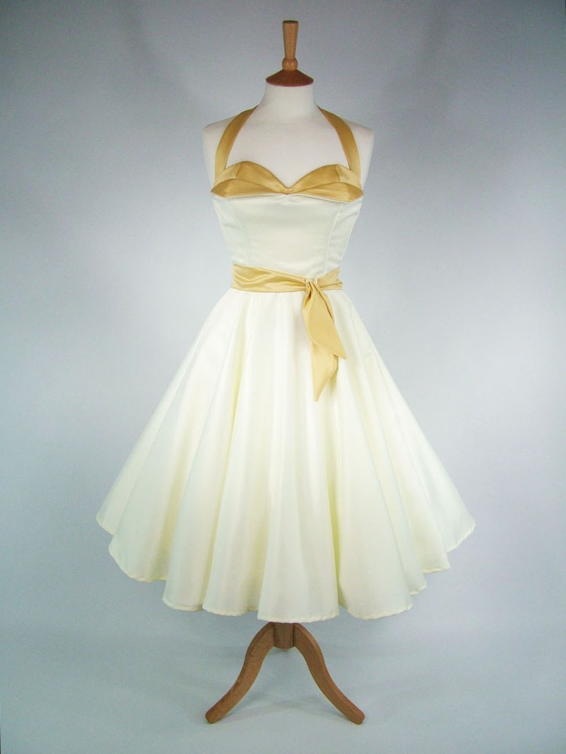 50s Wedding Dress, 1950s Style Wedding Dresses, Rockabilly Weddings     Made To Measure Ivory And Gold Full Circle Skirt Petal Bust Wedding Dress - Detachable Straps & Belt - Free Matching Mask  AT vintagedancer.com