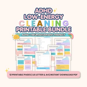 Peut inclure: Un ensemble de documents imprimables pour les personnes TDAH et neurodivergentes, comprenant 12 pages de listes de nettoyage et rappels de motivation avec des formes abstraites colorées et le texte ADHD LOW-ENERGY CLEANING PRINTABLE BUNDLE.