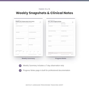 May include: Two white printable pages titled Weekly Snapshots & Clinical Notes. The left page is a Weekly GLP Observation Summary with a 7-day strip. The right page is GLP/NLA Progress Notes with lined sections for professional documentation.