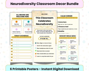 Neurodiversity Classroom Decor Bundle, Sensory Friendly Printable Posters, Calm Corner, Autism ADHD Inclusive, Digital Download