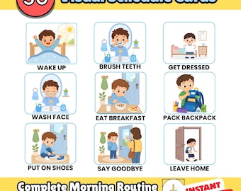 Visual schedule cards printable, 50 daily routine cards for kids, autism adhd flashcards, toddler preschool pecs digital download