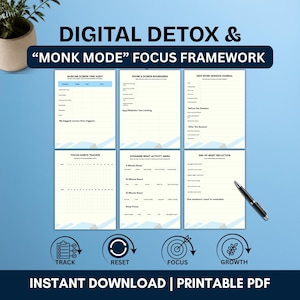 Może przedstawiać: Zestaw drukowalnych plików PDF do cyfrowego detoksu i ram skupienia monk mode, zawierający sześć stron z nagłówkami takimi jak Baseline Screen-Time Audit, Phone and Screen Boundaries, Deep Work Session Journal, Focus Habits Tracker, Dopamine Reset Activity Menu oraz End-of-Reset Reflection, wraz z czarnym długopisem.