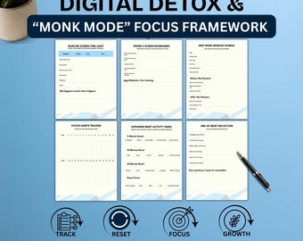 Dopamine Detox Tracker, Monk Mode Planner, Screen Time Log, Deep Work Journal, Focus Planner, Printable Productivity