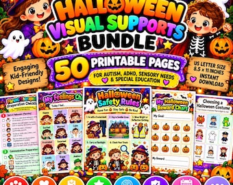 Halloween Social Stories Bundle for Autism & ADHD, 50 Printable Visual Supports, Feelings Charts, Choice Boards and Coping Tools