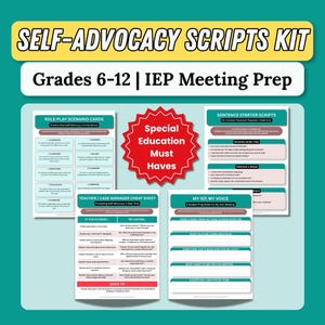 Puede incluir: Un kit de guiones de autodefensa para la preparación de reuniones de IEP para los grados 6-12. Incluye tarjetas de escenarios de juego de roles, guiones de inicio de oraciones, una hoja de trucos para maestros y una hoja de preparación My IEP, My Voice.