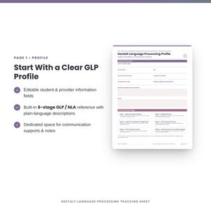 May include: A Gestalt Language Processing Profile document featuring fields for student information, date of birth, age, and communication methods. It includes a 6-stage GLP/NLA reference guide with descriptions and dedicated sections for notes and supports.