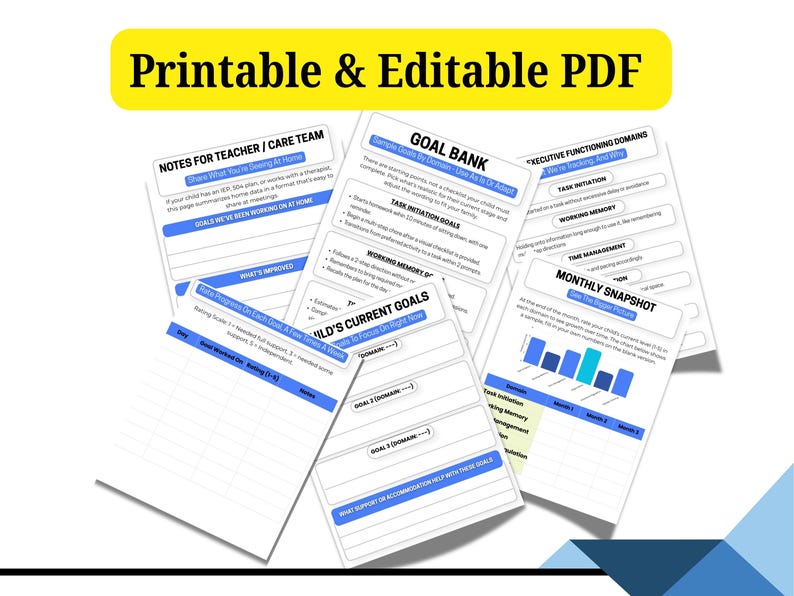 May include: A collection of printable and editable PDF documents featuring a yellow header with the text Printable & Editable PDF. The pages include sections titled Notes for Teacher/Care Team, Goal Bank, Child's Current Goals, and Monthly Snapshot.
