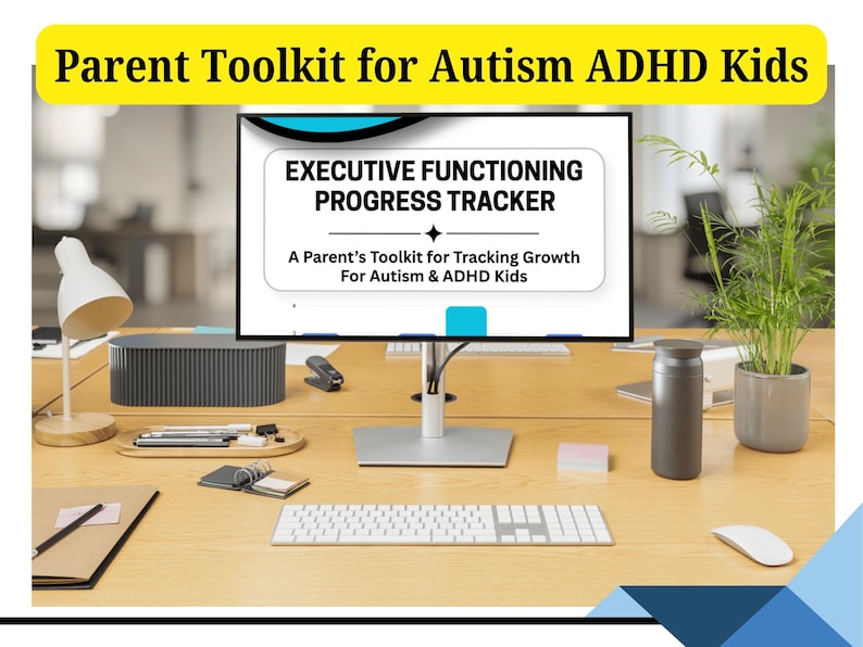 May include: A computer monitor displaying a digital document titled Executive Functioning Progress Tracker, A Parent's Toolkit for Tracking Growth For Autism & ADHD Kids. The screen features a white background with black text and a small blue graphic element.