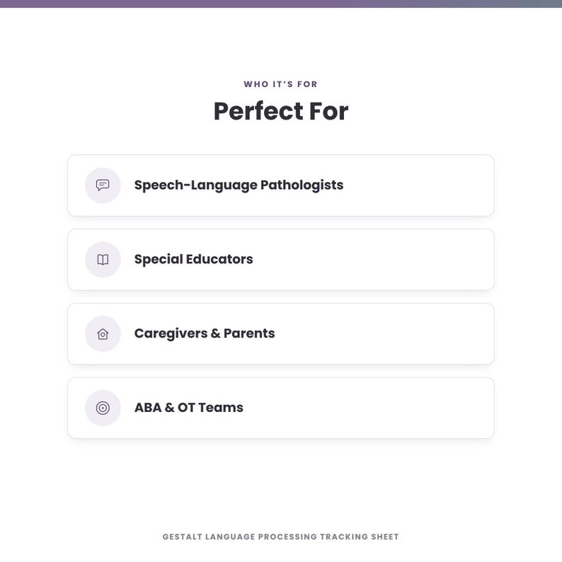 May include: A white informational graphic titled "WHO IT'S FOR Perfect For" listing four categories: Speech-Language Pathologists, Special Educators, Caregivers & Parents, and ABA & OT Teams, with the text "GESTALT LANGUAGE PROCESSING TRACKING SHEET" at the bottom.