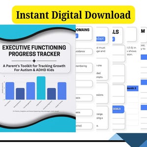 May include: A spiral-bound Executive Functioning Progress Tracker with a white cover featuring a blue bar graph and the text: Executive Functioning Progress Tracker, A Parent's Toolkit for Tracking Growth For Autism & ADHD Kids. Includes interior pages with columns for domains, goals, and progress tracking.