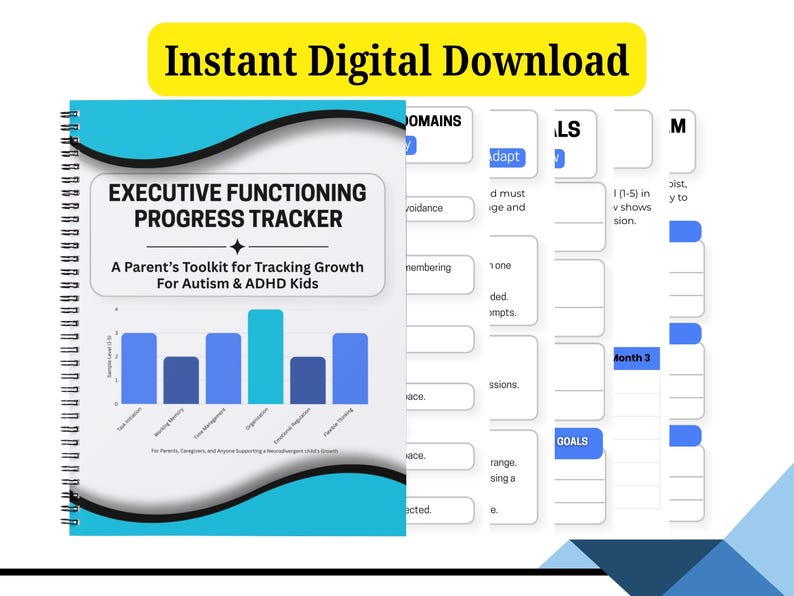 May include: A spiral-bound Executive Functioning Progress Tracker with a white cover featuring a blue bar graph and the text: Executive Functioning Progress Tracker, A Parent's Toolkit for Tracking Growth For Autism & ADHD Kids. Includes interior pages with columns for domains, goals, and progress tracking.
