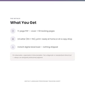 May include: A digital document titled The Details What You Get, featuring an 11-page PDF with a cover and 10 tracking pages in US Letter 8.5 x 11 inch format. It includes an instant digital download notice and a disclaimer regarding clinical use.