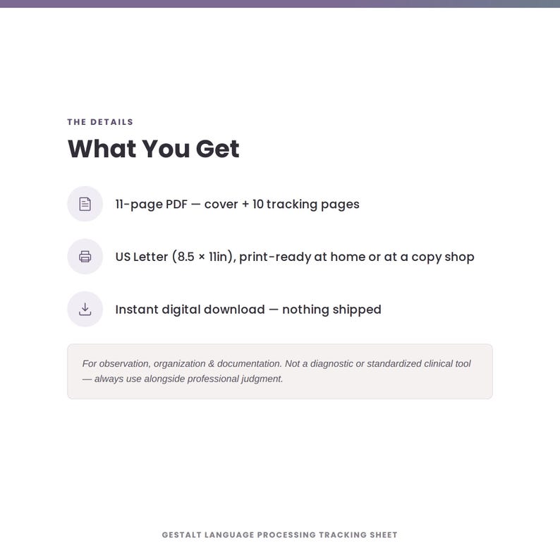 May include: A digital document titled The Details What You Get, featuring an 11-page PDF with a cover and 10 tracking pages in US Letter 8.5 x 11 inch format. It includes an instant digital download notice and a disclaimer regarding clinical use.