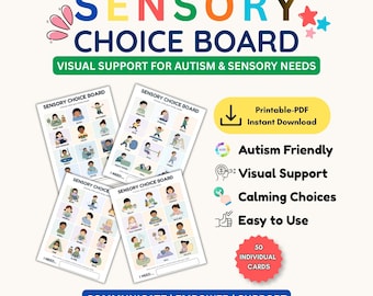 Sensory Choice Board, Autism Visual Supports, Sensory Break Cards, SPD Calm Down Board, Printable Sensory Menu