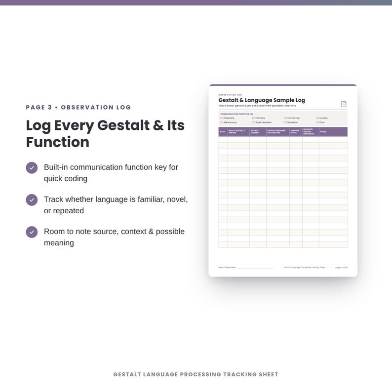 May include: A Gestalt & Language Sample Log tracking sheet featuring a purple header with the title and a communication function key. The document includes a grid with columns for date, exact gestalt phrase, source context, possible meaning, familiar or novel, and notes.