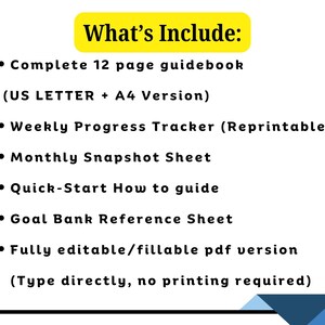 May include: A digital document list titled What's Include: in a yellow box. It lists a 12 page guidebook in US Letter and A4, a weekly progress tracker, a monthly snapshot sheet, a quick-start guide, a goal bank sheet, and a fillable PDF version.